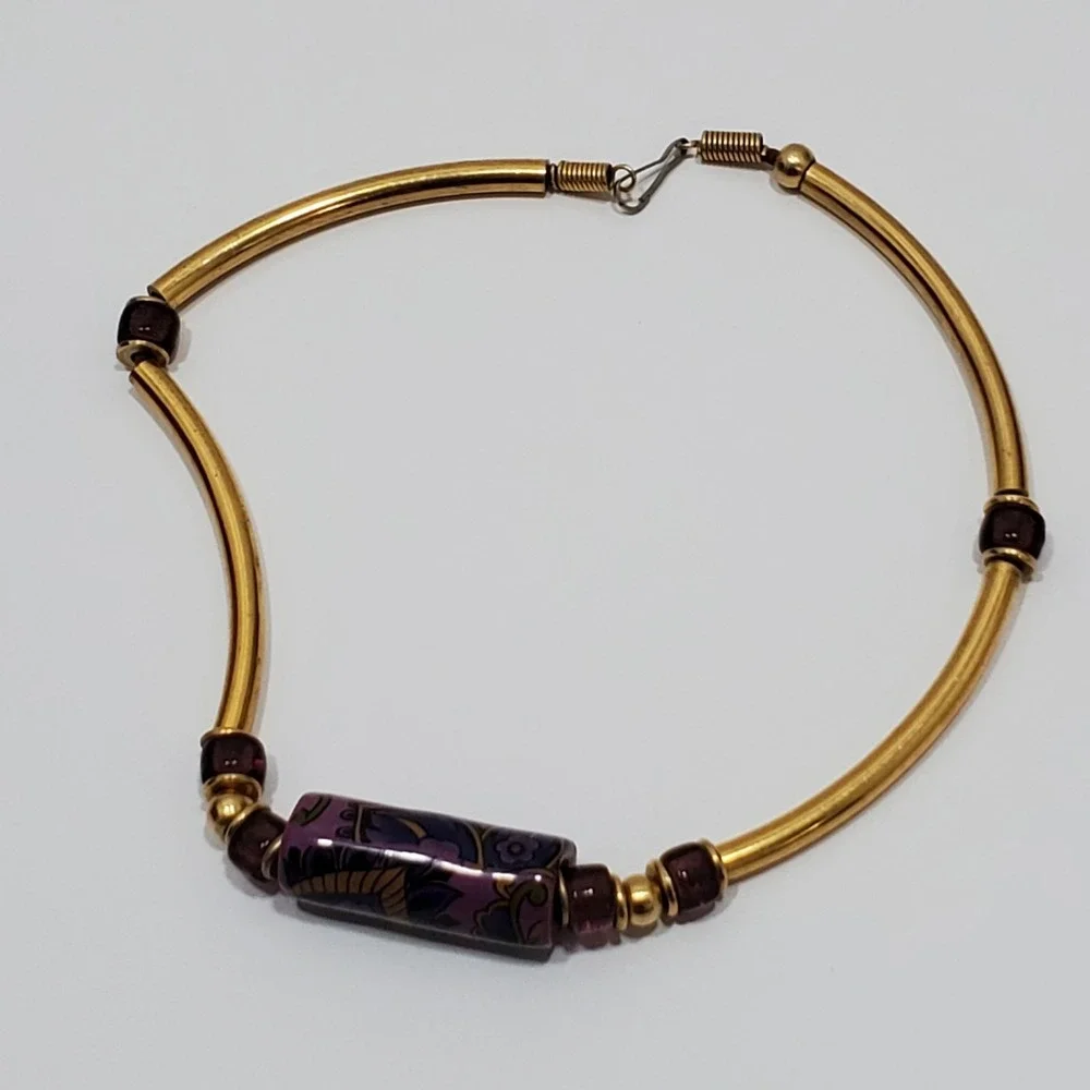Vtg Omega Style Statement Choker Necklace Goldtone Clay, Metal & Glass Beads